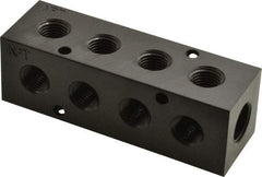 Made in USA - 3/8" Inlet, 1/4" Outlet Manifold - 4.12" Long x 1-1/4" Wide x 1-1/4" High, 0.2" Mount Hole, 2 Inlet Ports, 4 Outlet Ports - All Tool & Supply