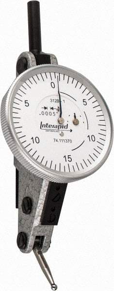 INTERAPID - 0.06 Inch Range, 0.0005 Inch Dial Graduation, Horizontal Dial Test Indicator - 1-1/2 Inch White Dial, 0-15-0 Dial Reading - All Tool & Supply