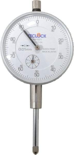 Teclock - 25mm Range, 0-100 Dial Reading, 0.01" Graduation Dial Drop Indicator - 2-11/64" Dial, 1" Range per Revolution, 0.03" Accuracy, Revolution Counter - All Tool & Supply