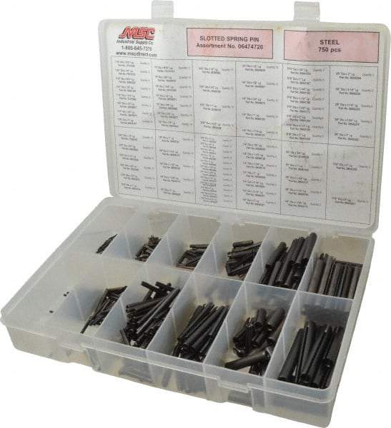 Made in USA - 750 Piece, 1/16 to 7/16" Pin Diam, Spring Pin Assortment - Steel - All Tool & Supply