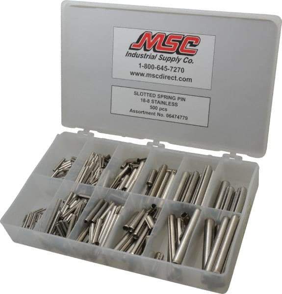 Made in USA - 500 Piece, 1/16 to 7/16" Pin Diam, Spring Pin Assortment - 18-8 Stainless Steel - All Tool & Supply