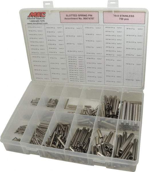 Made in USA - 750 Piece, 1/16 to 7/16" Pin Diam, Spring Pin Assortment - 18-8 Stainless Steel - All Tool & Supply