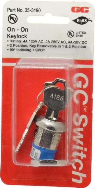 GC/Waldom - 4 Amp at 125 Volt, SPDT, 4 Tumbler Key Switch with Detent - Solder Terminal, 0.76 Inch Mount Hole Diameter, 0.931 Inch Cylinder Length, On-On Sequence - All Tool & Supply