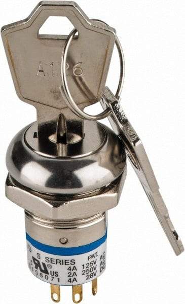 GC/Waldom - 4 Amp at 125 Volt, DPDT, 4 Tumbler Key Switch with Detent - Solder Terminal, 0.76 Inch Mount Hole Diameter, 0.931 Inch Cylinder Length, On-On Sequence - All Tool & Supply