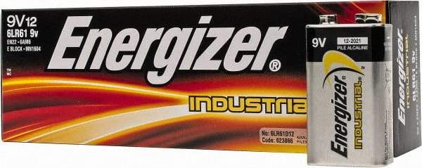 Energizer - Size 9V, Alkaline, 12 Pack, Standard Battery - 9 Volts, Miniature Snap Terminal, 6LR61, ANSI, IEC Regulated - All Tool & Supply