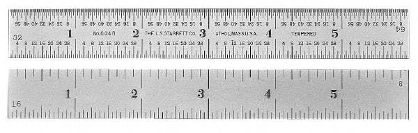 PEC Tools - 36" Long, 1/100, 1/64, 1/32, 1/10" Graduation, Rigid Steel Rule - 5R Graduation Style, 1-1/4" Wide, Silver, Satin Chrome Finish - All Tool & Supply