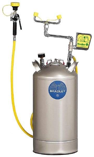 Bradley - 10 Gallon, 0.4 GPM Flow Rate at 30 PSI, Pressurized with Drench Hose Stainless Steel, Portable Eye Wash Station - 15 Min Duration, 25-1/4 Inch High - All Tool & Supply