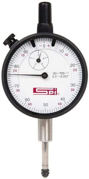 SPI - 1/2" Range, 0-100, 0-50-0 Dial Reading, 0.001" Graduation Dial Drop Indicator - 2-1/4" Dial, 0.1" Range per Revolution, Revolution Counter, Includes NPL Traceability Certification - All Tool & Supply