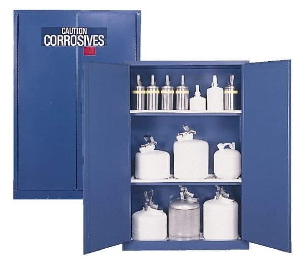 Eagle - 2 Door, 2 Shelf, Blue Steel Standard Safety Cabinet for Corrosive Chemicals - 65" High x 43" Wide x 18" Deep, Manual Closing Door, 3 Point Key Lock, 45 Gal Capacity - All Tool & Supply