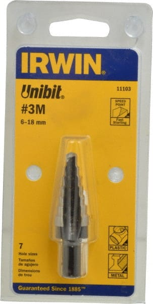 Irwin - 7 Hole Sizes, 6 to 18mm Hole Diam High Speed Steel Speedpoint Step Drill Bit - All Tool & Supply