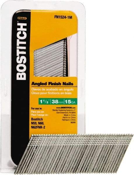 Stanley Bostitch - 15 Gauge 0.07" Shank Diam 1-1/2" Long Finishing Nails for Power Nailers - Steel, Bright Finish, Smooth Shank, Angled Stick Adhesive Collation, Round Head, Chisel Point - All Tool & Supply