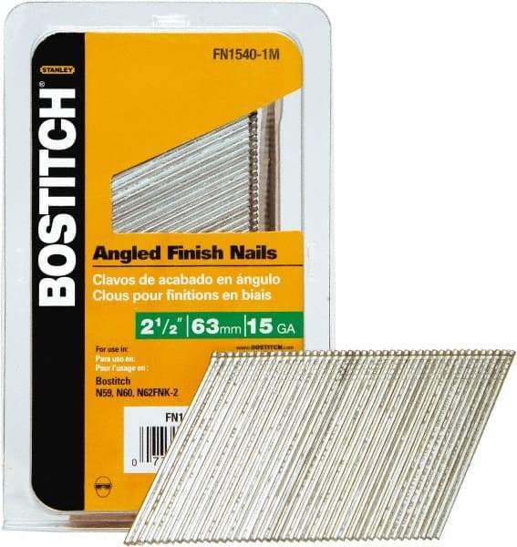 Stanley Bostitch - 15 Gauge 0.07" Shank Diam 2-1/2" Long Finishing Nails for Power Nailers - Steel, Bright Finish, Smooth Shank, Angled Stick Adhesive Collation, Round Head, Chisel Point - All Tool & Supply