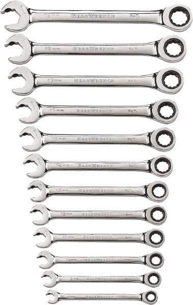 GearWrench - 12 Piece, 8mm to 19mm, 12 Point Ratcheting Combination Wrench Set - Metric Measurement Standard, Chrome Finish - All Tool & Supply