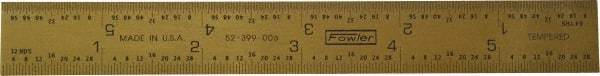 Fowler - 6" Long, 1/64, 1/32" and 0.5, 1mm Graduation, Rigid Steel Rule - English/Metric Graduation Style, 1/2" Wide, Yellow, Titanium Finish - All Tool & Supply