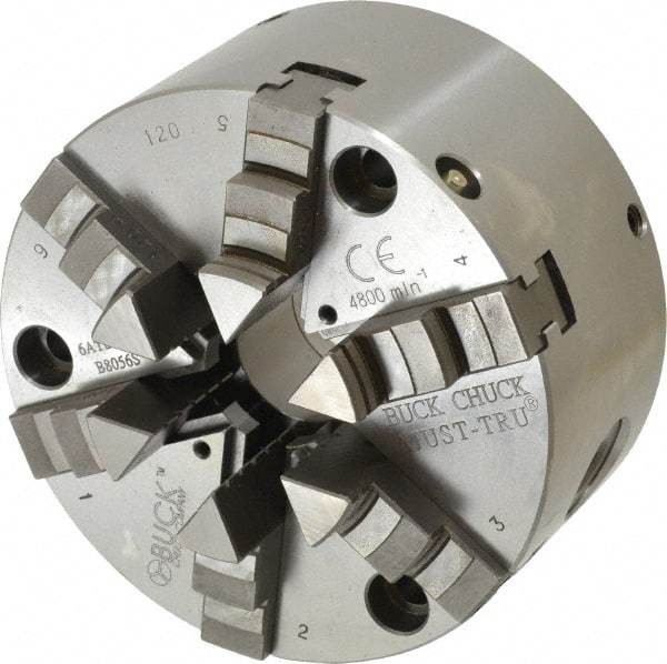 Buck Chuck Company - 6 Jaws, 5" Diam, Self Centering Manual Lathe Chuck - Front Mount, Adjustable, 4,125 Max RPM, 1.28" Through Hole Diam, Forged Steel - All Tool & Supply