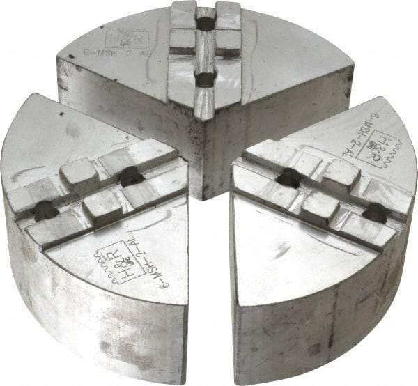 H & R Manufacturing - 6" Chuck Capacity, Tongue & Groove Attachment, Round Soft Lathe Chuck Jaw - 3 Jaws, Aluminum, 1-1/2" Btw Mount Hole Ctrs, 3" Long x 6" Wide x 2" High, 5/16" Groove - All Tool & Supply