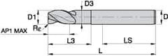 Kennametal - 0.472", 3 Flute, Single End, Solid Carbide, Corner Radius End Mill - 84mm OAL, 45° Helix, Right Hand Flute, 18mm LOC, Right Hand Cut, 36mm Extended Reach - All Tool & Supply