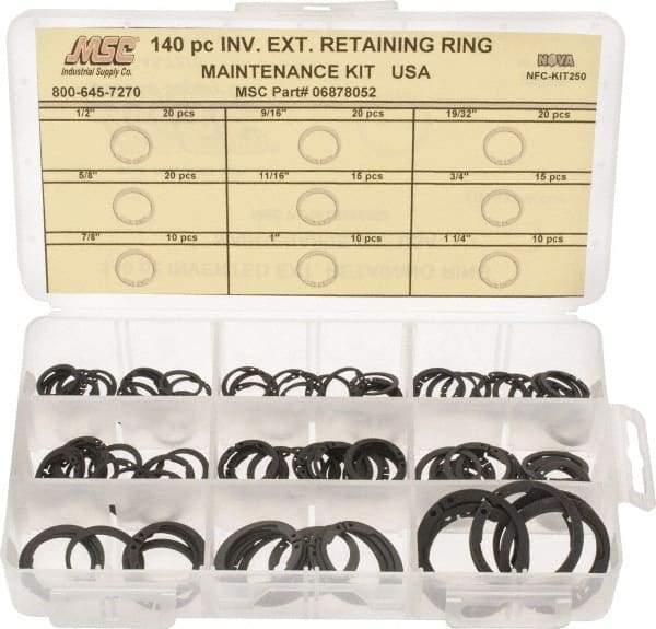 Made in USA - 140 Piece, 1/2 to 1-1/4", SpRing Assortment Steel, Snap External Retaining Ring Assortment - Includes Compartmented Case - All Tool & Supply