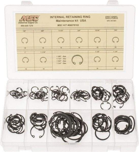 Made in USA - 150 Piece, 1/2 to 1-3/4", SpRing Assortment Steel, Snap Internal Retaining Ring Assortment - Includes Compartmented Case - All Tool & Supply