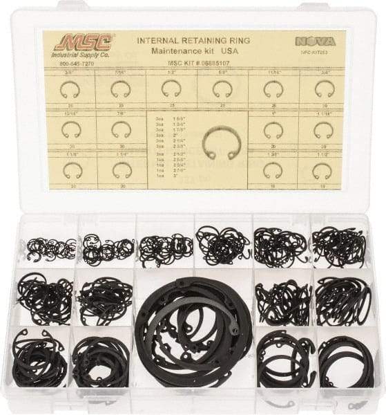 Made in USA - 337 Piece, 3/8 to 3", SpRing Assortment Steel, Snap Internal Retaining Ring Assortment - Includes Compartmented Case - All Tool & Supply