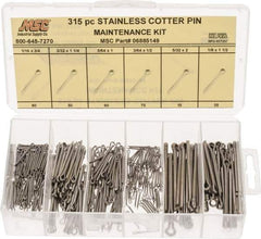 Value Collection - 315 Piece, 1/16 to 1/8" Pin Diam, Cotter Pin Assortment - 3/64 to 5/32" Long, Stainless Steel - All Tool & Supply