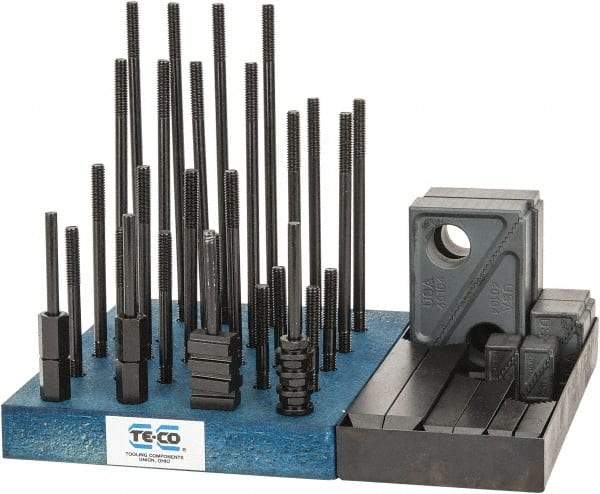 TE-CO - 50 Piece Fixturing Step Block & Clamp Set with 1" Step Block, 3/8" T-Slot, 5/16-18 Stud Thread - 5/8" Nut Width, 3, 4, 5, 6, 7 & 8" Stud Lengths - All Tool & Supply