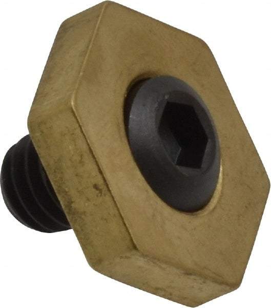 Mitee-Bite - 13/16" Brass Hex, 5/16-18 Stud Thread, Symmetrical Hex Clamp - 3/16" Hex Height, 800 Lb Holding Force, Hardened Steel Stud, 15/32" Long Thread, 8.3 Ft/Lb Torque, 12 Clamps - All Tool & Supply