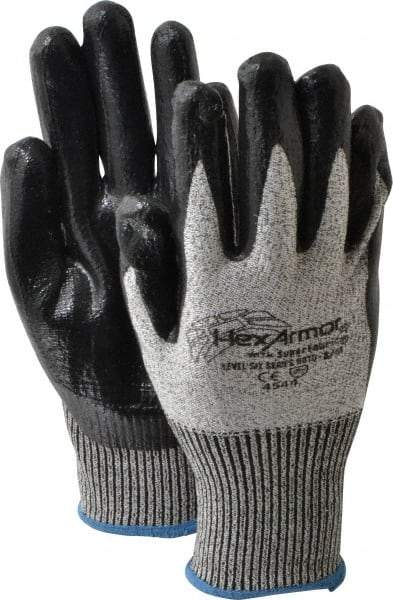 HexArmor - Size M (8), ANSI Cut Lvl A8, Puncture Lvl 5, Nitrile Coated Cut & Puncture Resistant Gloves - Palm & Fingers Coated, SuperFabric/HPPE Lining, Knit Wrist, Gray/Black, Paired - All Tool & Supply