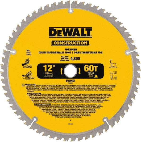 DeWALT - 12" Diam, 1" Arbor Hole Diam, 60 Tooth Wet & Dry Cut Saw Blade - Carbide-Tipped, Fine Finishing Action, Standard Round Arbor - All Tool & Supply