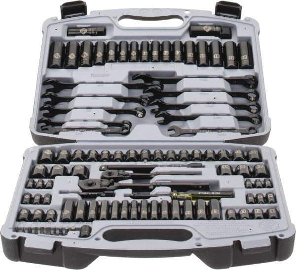 Stanley - 99 Piece 1/4 & 3/8" Drive Standard Deep Socket Set - 6 Points, 1/4 to 7/8", 4 to 19mm, Inch/Metric Measurement Standard - All Tool & Supply