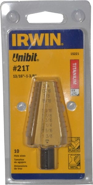 Irwin - 10 Hole Sizes, 13/16 to 1-3/8" Hole Diam High Speed Steel Standard Point Step Drill Bit - All Tool & Supply