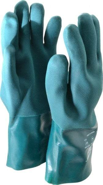 SHOWA - Size L (10), 12" Long, Supported, PVC Chemical Resistant Gloves - Textured Finish, Cotton Jersey Lined, Gauntlet Cuff, ANSI Abrasion Level 4, ANSI Cut Level 1, ANSI Puncture Level 1, Green - All Tool & Supply