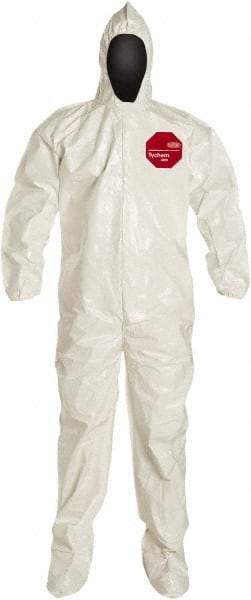 Dupont - Size M Saranex Chemical Resistant Coveralls - White, Zipper Closure, Elastic Cuffs, Open Ankles, Bound Seams - All Tool & Supply