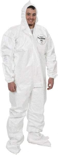 Dupont - Size 3XL Saranex Chemical Resistant Coveralls - White, Zipper Closure, Elastic Cuffs, Open Ankles, Bound Seams - All Tool & Supply