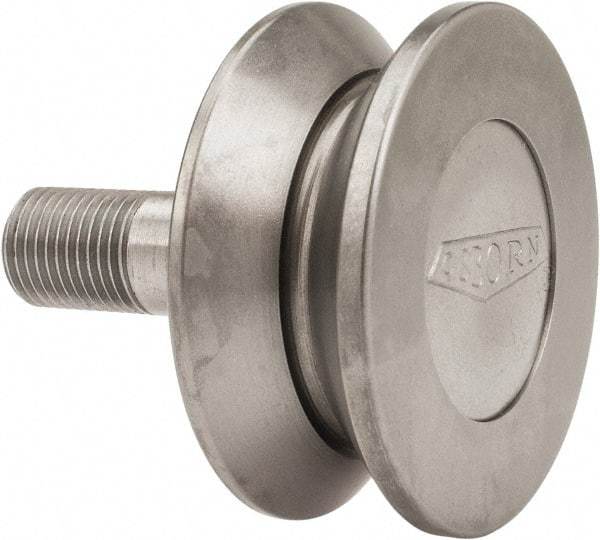 Osborn International - 2" Roller Diam x 27/32" Width, 1/2" Stud Diam x 1-1/4" Length, V Grooved Concentric Stud - Steel, 5/8" Thread Length, 1/2-20 Thread, 2-3/32" OAL, 600 Lb Dynamic Cap - All Tool & Supply