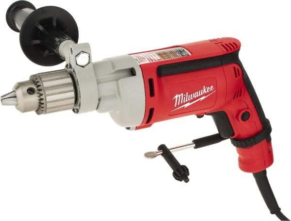 Milwaukee Tool - 1/2" Keyed Chuck, 850 RPM, Pistol Grip Handle Electric Drill - 8 Amps, 120 Volts, Non-Reversible, Includes 1/2" Magnum Drill, Chuck Key with Holder, Side Handle - All Tool & Supply