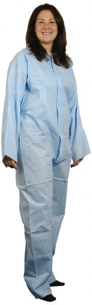 Disposable Coveralls: Size Medium, 1.6 oz, Polypropylene, Zipper Closure Blue, Serged Seam, Elastic Cuff, Elastic Ankle, ISO 7 Class