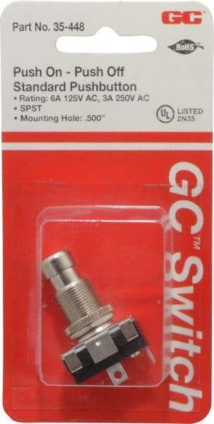 GC/Waldom - 1/2 Inch Mount Hole, Miniature Pushbutton Switch Only - Round, Chrome Pushbutton, Nonilluminated, Maintained (MA), On-Off - All Tool & Supply