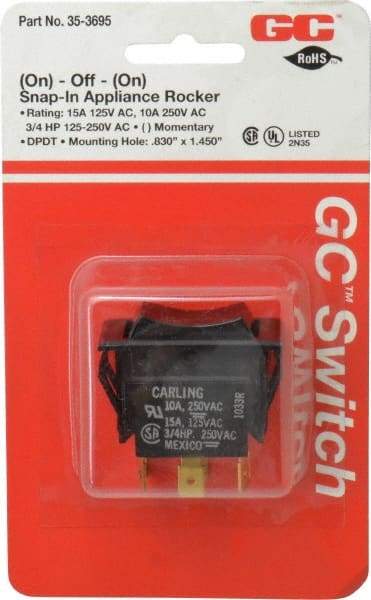 GC/Waldom - DPDT, Momentary (MO), On-Off-On Sequence, Appliance Rocket Switch - 15 Amps at 125 Volts, 10 Amps at 250 Volts, 3/4 hp at 125/250 VAC, Quick Connect, Panel Mount - All Tool & Supply