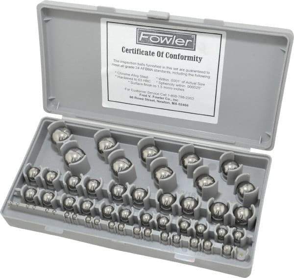 Fowler - 1/8 to 1 Inch Diameter, Chrome Steel, Gage Ball Set - 0.0001 Inch Tolerance, Grade 24 Accuracy, 63 RC Hardness, 26 Pairs - All Tool & Supply