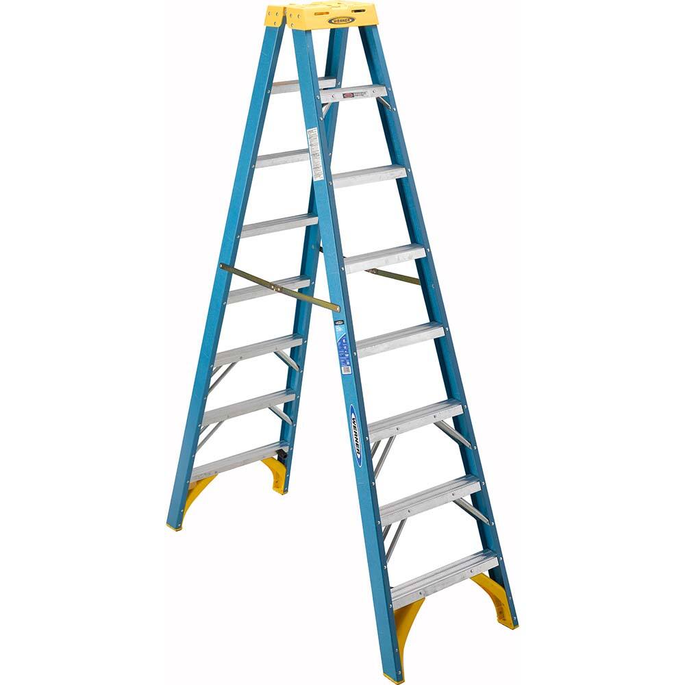 Werner - Step Ladders; Type: Twin Step Ladder ; Height (Feet): 8 ; Industry Rating: Type I ; Load Capacity (Lb.): 250.000 ; Material: Fiberglass ; Number of Steps / Rungs: 8 - Exact Industrial Supply