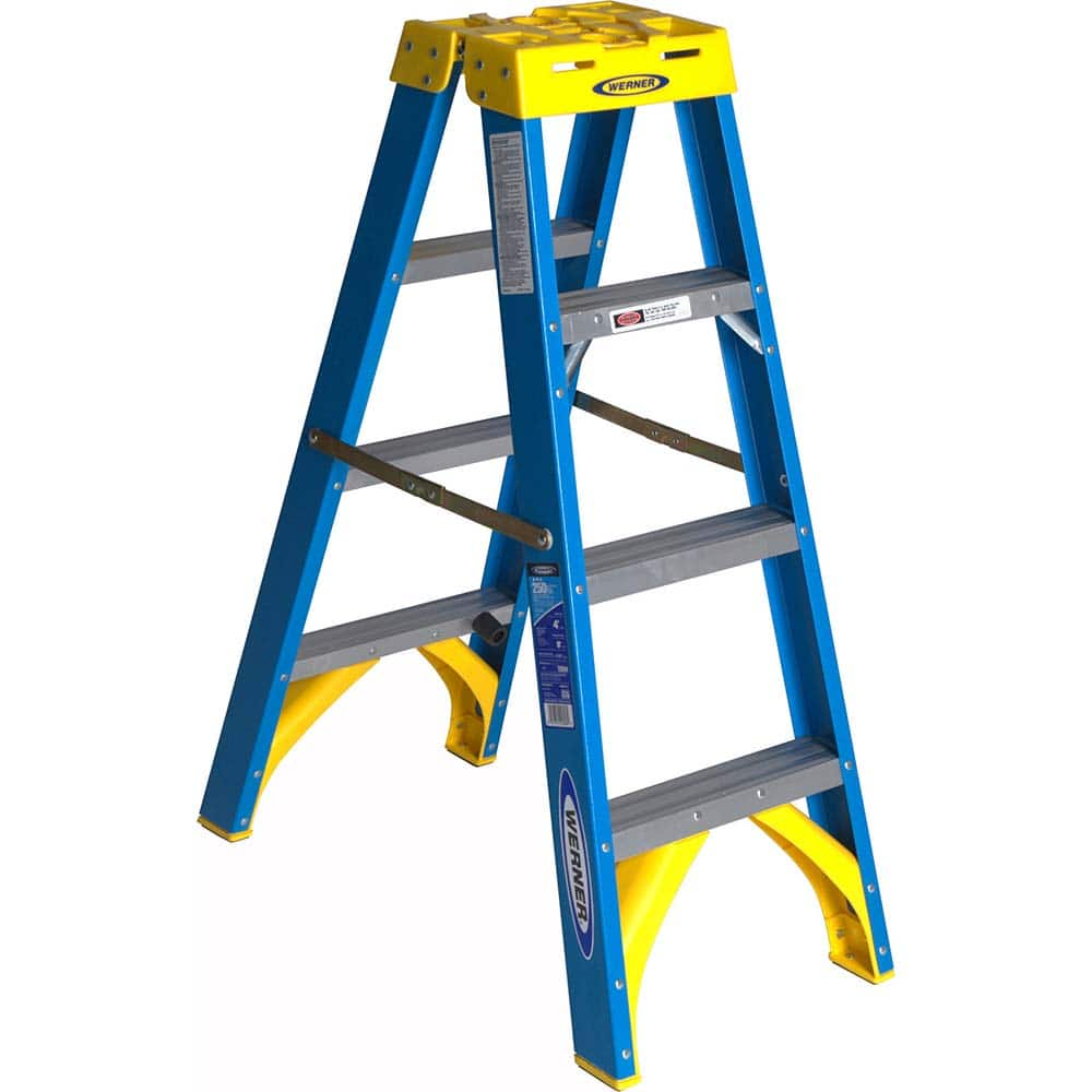 Werner - Step Ladders; Type: Twin Step Ladder ; Height (Feet): 4 ; Industry Rating: Type I ; Load Capacity (Lb.): 250.000 ; Material: Fiberglass ; Number of Steps / Rungs: 4 - Exact Industrial Supply