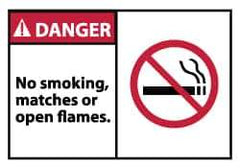 NMC - Accident Prevention Label, Header: DANGER - Legend: Danger - No Smoking, Matches or Open Flames, English, Red, Black & White, 5" Long x 3" High, Sign Muscle Finish - All Tool & Supply