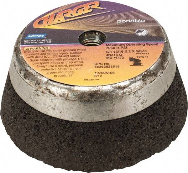 Norton - 5" Diam, 2" Overall Thickness, 16 Grit, Type 11 Tool & Cutter Grinding Wheel - Very Coarse Grade, Zirconia Alumina, Q Hardness, 7,260 RPM - All Tool & Supply