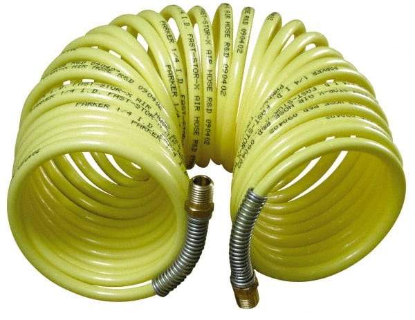 Parker - 1/2" ID, 1/2 Thread, 25' Long, Yellow Nylon Coiled & Self Storing Hose - 225 Max psi, Male Rigid x Male Swivel - All Tool & Supply