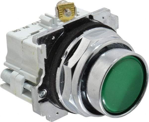 Eaton Cutler-Hammer - 30-1/2mm Mount Hole, Flush, Pushbutton Switch with Contact Block - Round, Green Pushbutton, Nonilluminated, Momentary (MO), Corrosion Resistant, Oiltight and Watertight - All Tool & Supply