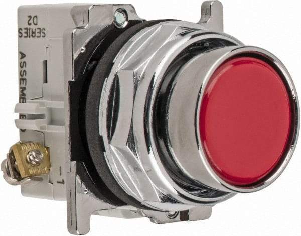 Eaton Cutler-Hammer - 30-1/2mm Mount Hole, Flush, Pushbutton Switch with Contact Block - Round, Red Pushbutton, Nonilluminated, Momentary (MO), Corrosion Resistant, Oiltight and Watertight - All Tool & Supply