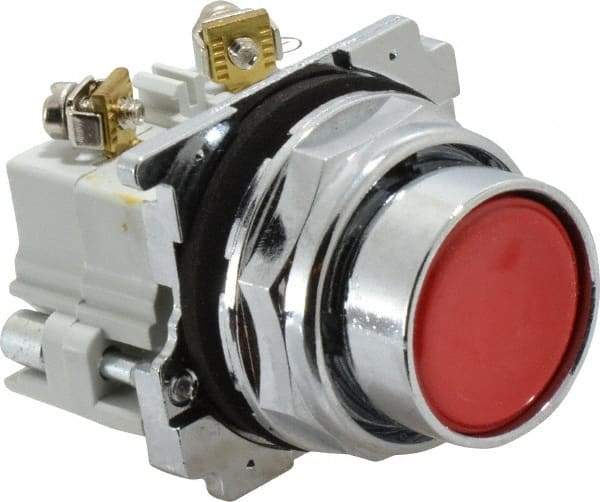 Eaton Cutler-Hammer - 30-1/2mm Mount Hole, Flush, Pushbutton Switch with Contact Block - Round, Red Pushbutton, Nonilluminated, Momentary (MO), Corrosion Resistant, Oiltight and Watertight - All Tool & Supply