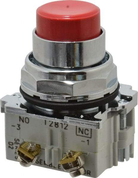 Eaton Cutler-Hammer - 30-1/2mm Mount Hole, Extended Straight, Pushbutton Switch with Contact Block - Round, Red Pushbutton, Nonilluminated, Momentary (MO), Corrosion Resistant, Oiltight and Watertight - All Tool & Supply