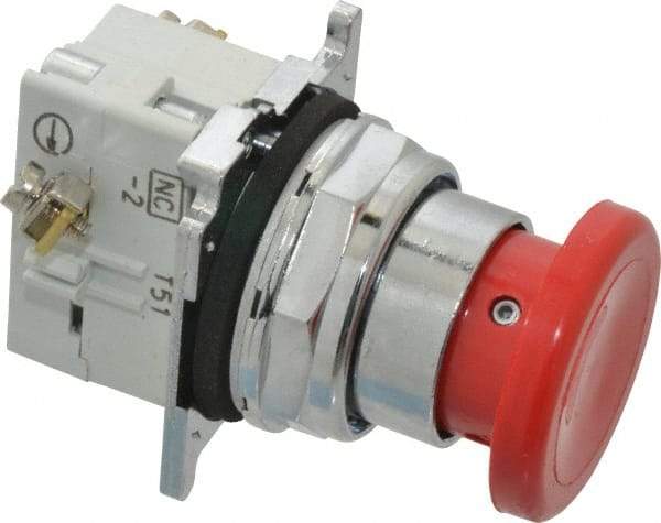 Eaton Cutler-Hammer - 30-1/2mm Mount Hole, Extended Mushroom Head, Pushbutton Switch with Contact Block - Round, Red Pushbutton, Nonilluminated, Momentary (MO), Corrosion Resistant, Oiltight and Watertight - All Tool & Supply